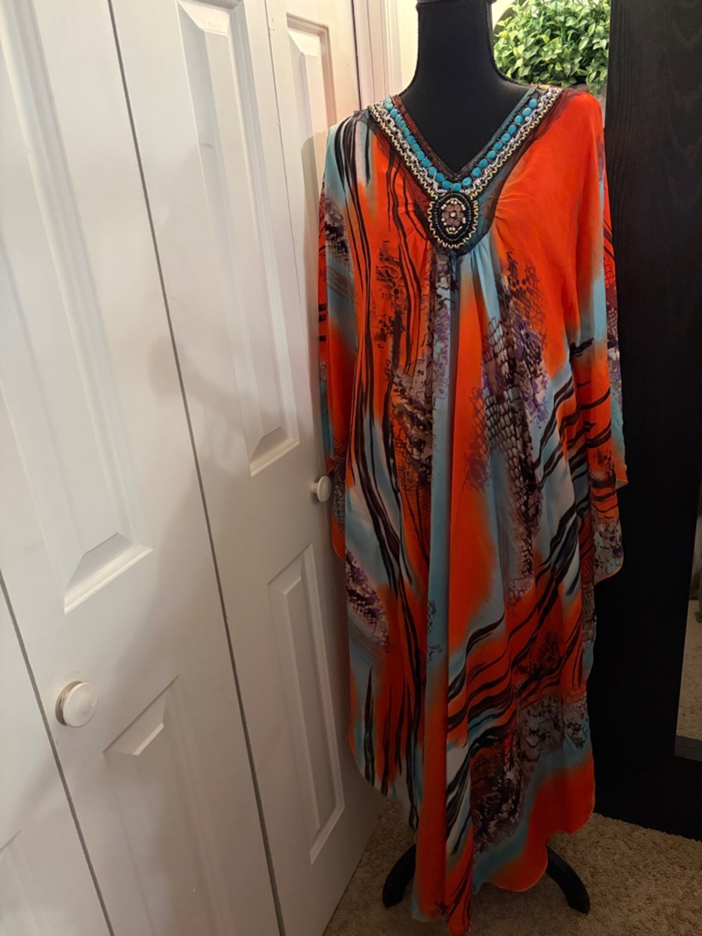 Bohemian Embellished Beaded V-Neck Orange & Turquoise Kaftan